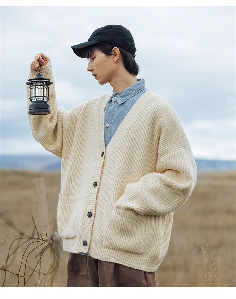 Autumn Men's Casual Textured Pockets Cardigan Y2K Vintage Streetwear V-neck Knitted Sweaters Korean Fashion Cardigans Hombre