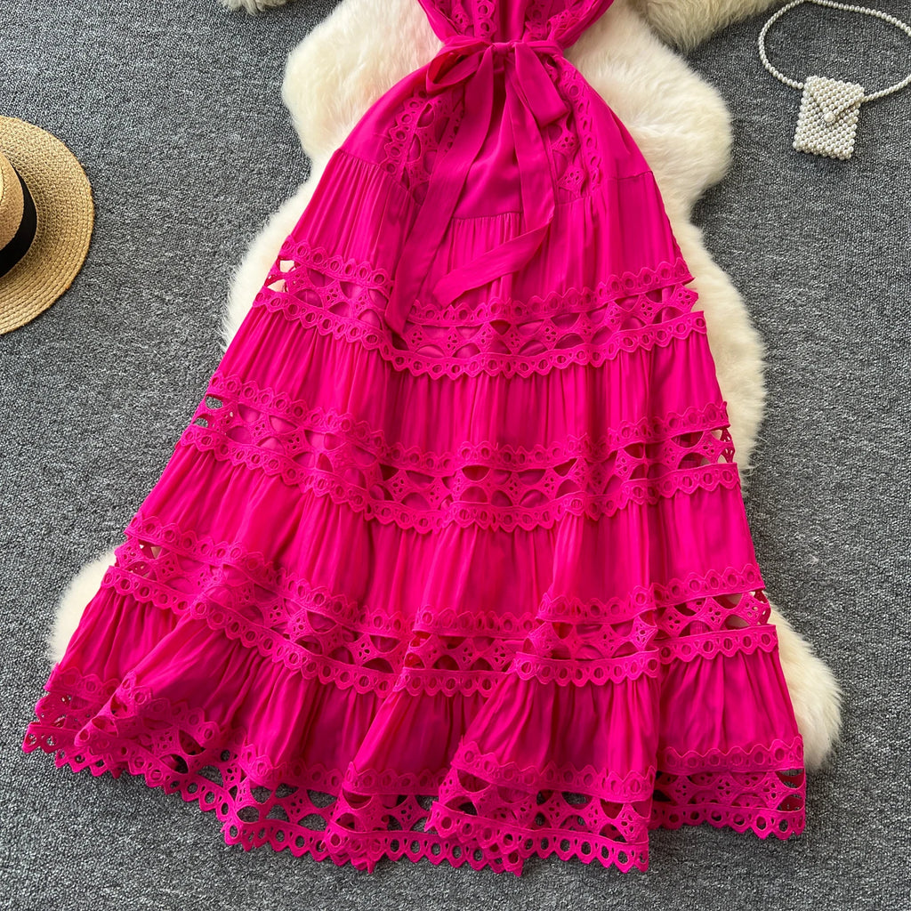 Sexy Hollow Out Embroidery O Neck Sleeveless Bandage Long Dresses Chic Evening Party Summer Vestidos Women Hip Wrap Clothing