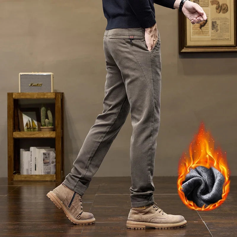 Korean Fashion Fleece Men's Casual Pants Slim Straight Youth Warm Trousers Thickened Thermal Stretch Male Clothes Trendy Brand