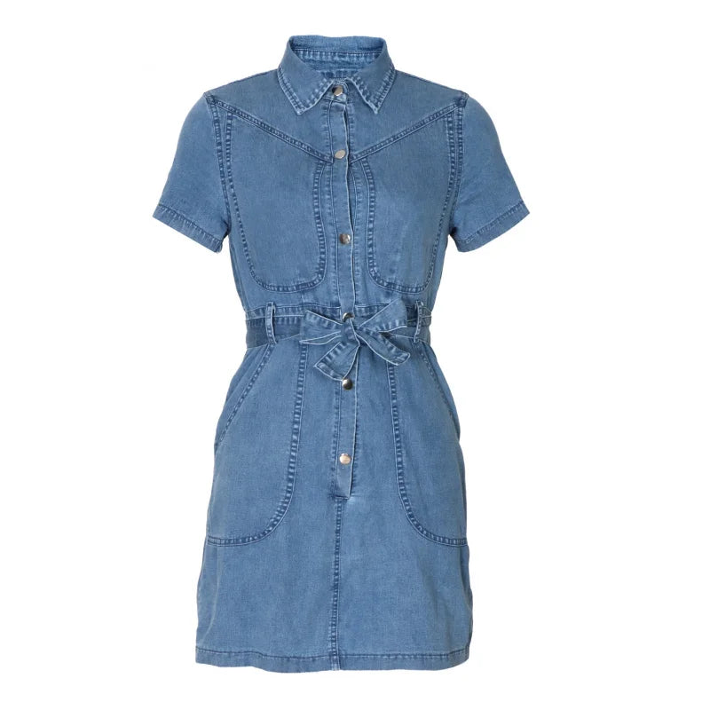 Spring Summer Women Denim Dress Short Sleeve Shirt Style Collared Waist Cute Mini Bodycon Casual Outfit