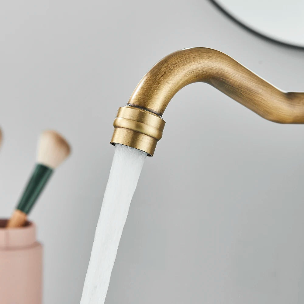 Antique Brass Bathroom Faucet Hot & Cold Mixer Tap Single Hole Single Lever Rotatable Ceramic Handle for Kitchen