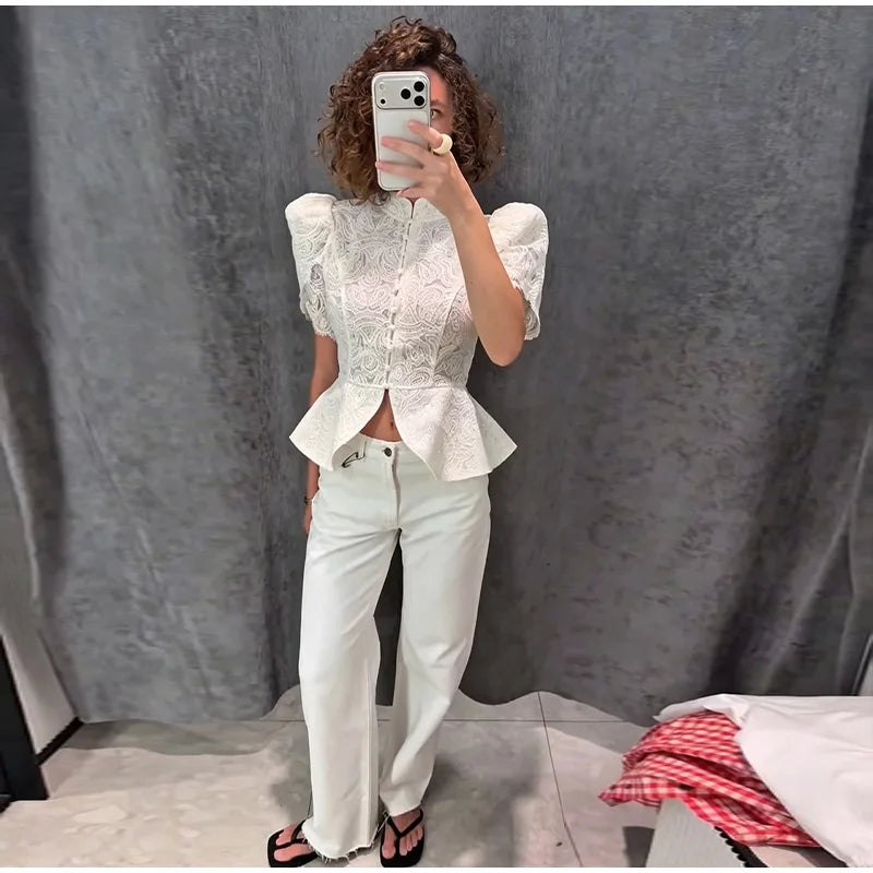 Lace Cutout Peplum Jacket Stand Collar Puff Sleeve Button Front Waist Cinched 2026 Summer Autumn Fashion Women Elegant Top