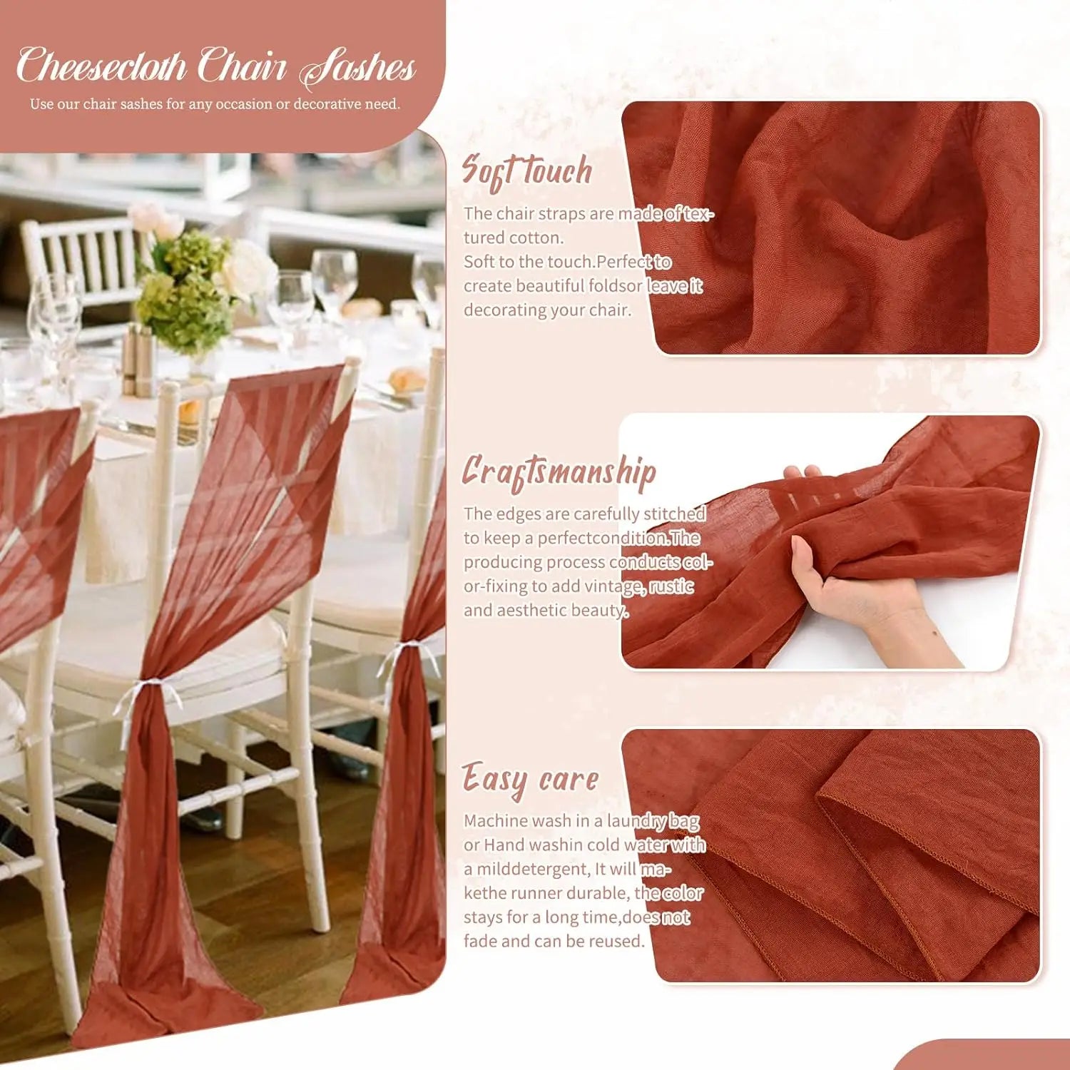 10-100Pcs Terracotta Chair Sashes for Wedding Chair Covers Cheesecloth Chair Bow Sashes Chair Ribbons for Party Ceremony 7x98In