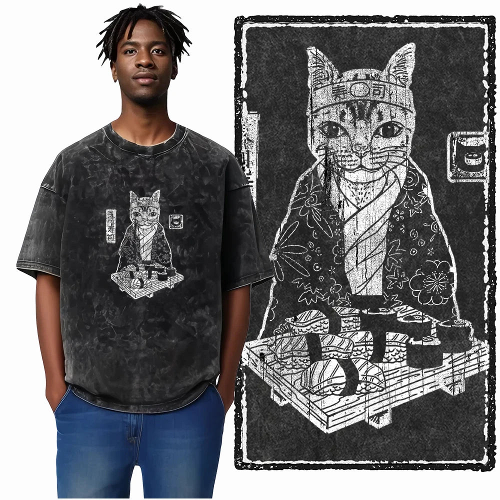 COOLMIND DB Cat Printed Cotton Acid Washed Exclusive Graphic Unisex T Shirt Cool Streetwear Men Tshirts Big Size Tee for Men