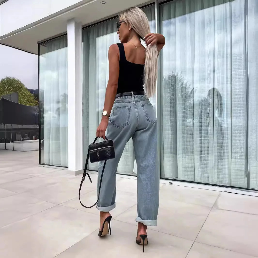 Denim Pant Women Jeans Long Pants High Waist Casual Loose Straight Trousers Y2k Streetwear Elegant Mom Jeans Work 2025 Summer