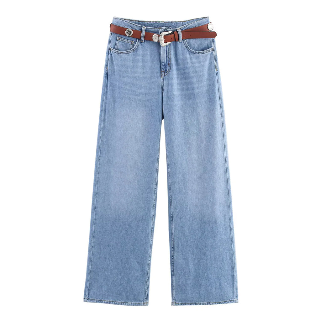 Women's European and American style layered denim vest top with belt high waisted straight leg jeans set