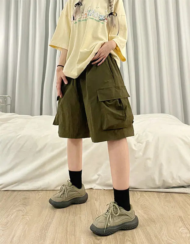 Women High Waist Cargo Shorts American Style Streetwear Summer Wide Leg Pants Fashion Female Big Pocket Loose Shorts