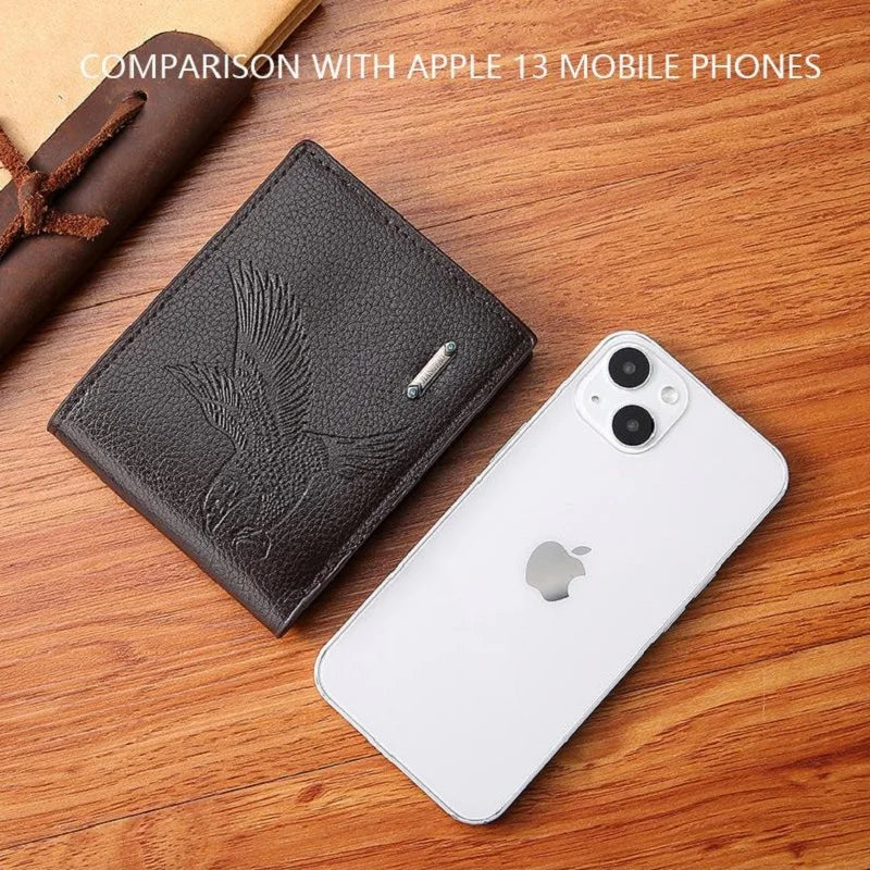 Classic Men's Leather Wallets Slim Minimalist Hawk Pattern Bifold Credit ID Card Holder Wallet Purse Short Thin Money Clip