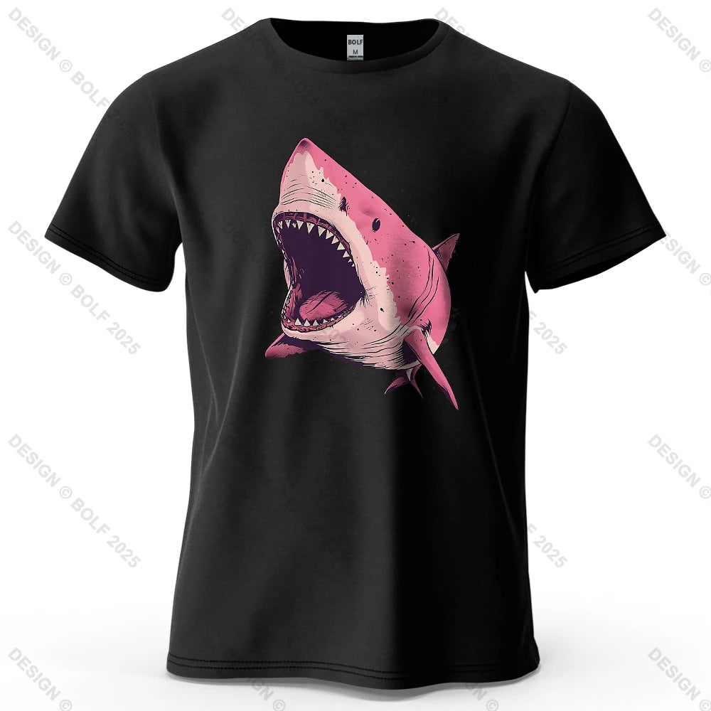 Pink Shark Cartoon Image Printed Men's T-Shirt 100% Cotton Oversized Marine Life Graphic Tees for Women Tops Tees Streetwear