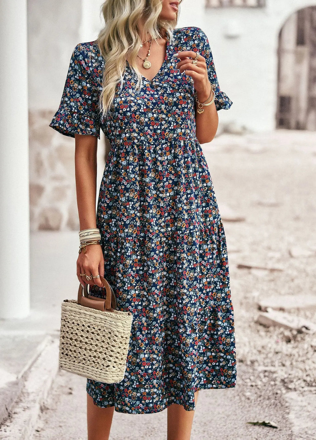 Msfilia Fashion V Neck Elegant Printed Dress Women Summer Short Sleeve High Waist A Line Floral Holiday Dresses