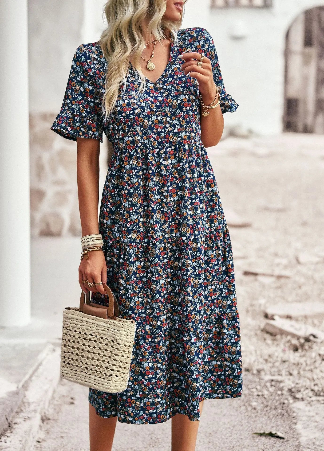 Msfilia Fashion V Neck Elegant Printed Dress Women Summer Short Sleeve High Waist A Line Floral Holiday Dresses