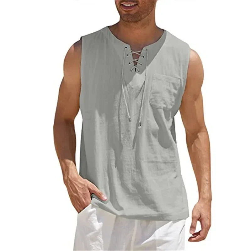 New 2026 Men's Casual Cotton Linen Tank Tops Men Drawstring V Neck Sleeveless Shirts Summer Casual Shirt Gym Fitness Vest Tops
