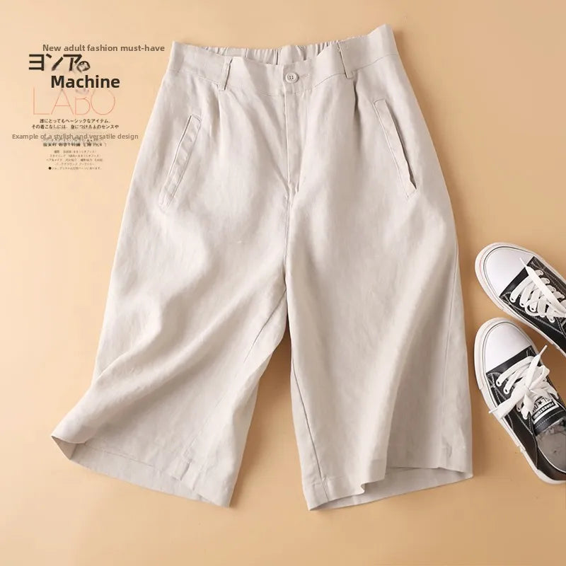Casual Linen Wide Leg Short Pants Women Summer Loose Fit Thin Cotton Linen Five-Point Pure Color Versatile High Waist Shorts