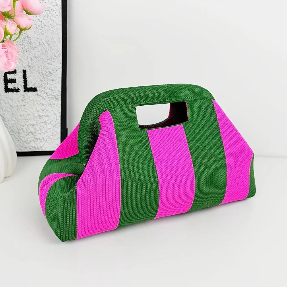 New Woven Bag Hollow-Out Striped Knitted Handbag Fly-Knitted Cloud Versatile Portable Cosmetic Bag