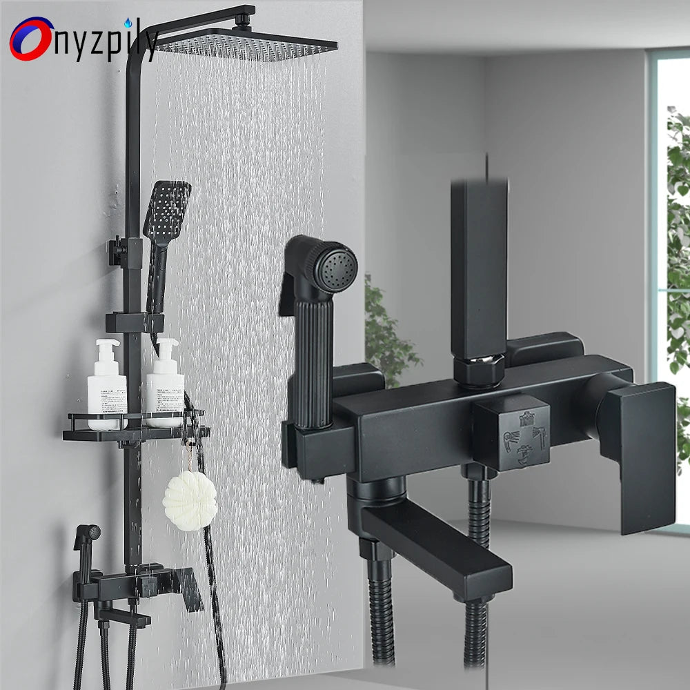 Shower Faucet Set Rainfall 3/4-ways Bathtub Tap With Bathroom Shelf Height Adjust Brass Mixer Crane Hot Cold Water Systems