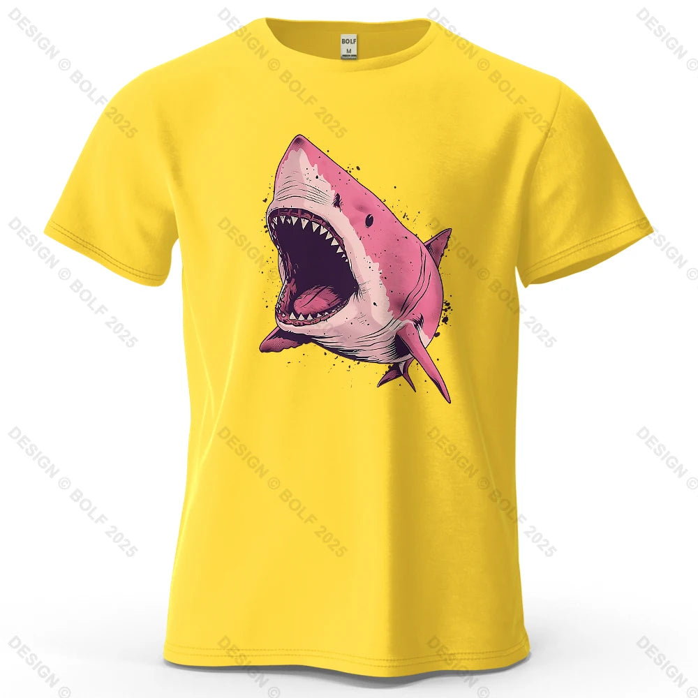Pink Shark Cartoon Image Printed Men's T-Shirt 100% Cotton Oversized Marine Life Graphic Tees for Women Tops Tees Streetwear