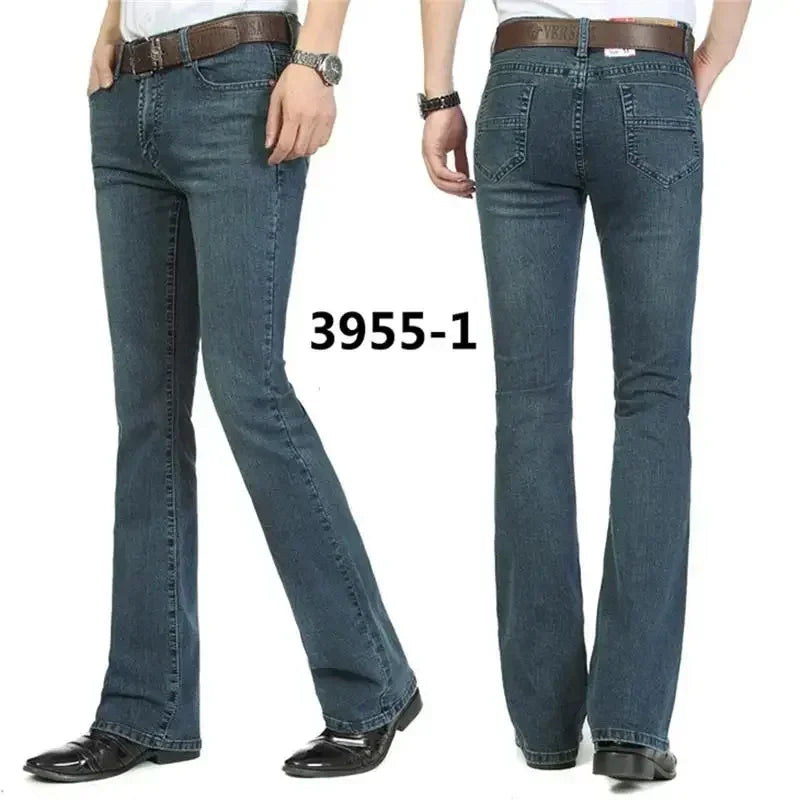 Male Bell Bottom Denim Trousers Slim Black Boot Cut Jeans Men's Clothing Casual Business Flares Pants