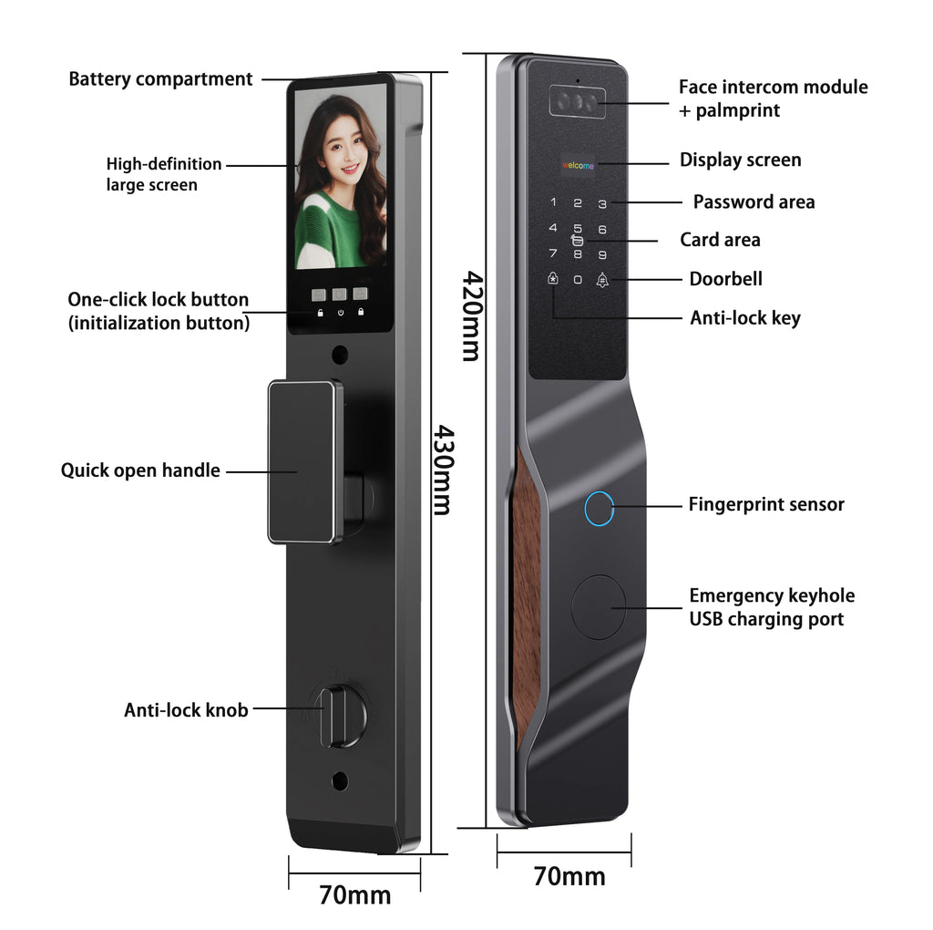 Tuya APP WIFI Remote Control Voice Intercom Smart Lock 3D Face Recognition Fingerprint Password Smart Door Lock With Camera