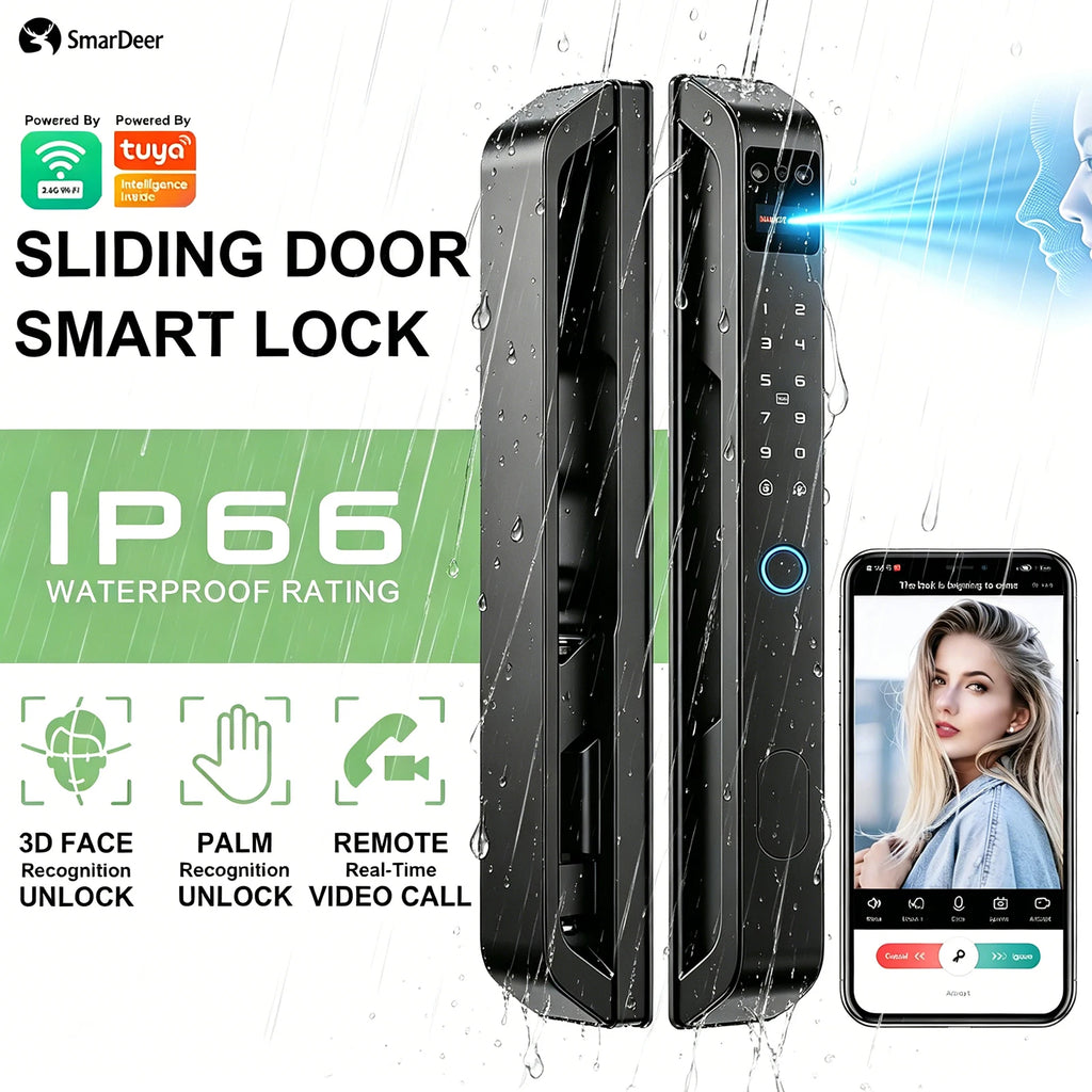 SmarDeer Narrow Frame Smart Door Lock IP65 Waterproof Electronic Lock Face ID Lock for Sliding Door Keyless Fingerprint Lock