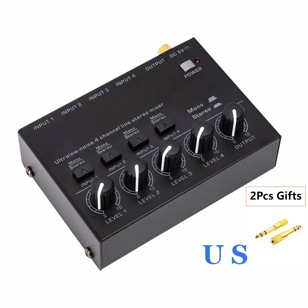 Professional Max400 Sound Mixer 4 Channel Mixer Stereo with 2pcs 6.5 3.5mm Converter RCA Output Mixer Mini Low Noise Sound Mixer