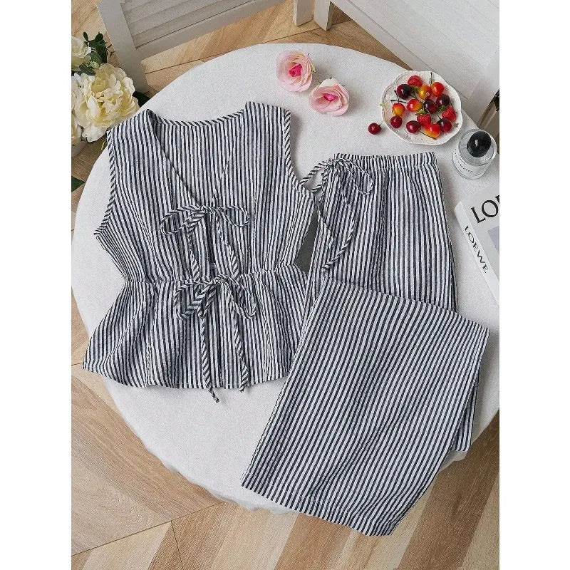 FOTVOTEE 2 Piece Sets Womens Outfits Striped V Neck Lace Up Sleeveless Blouse High Waist Wide Leg Pants Suits Casual Tracksuits