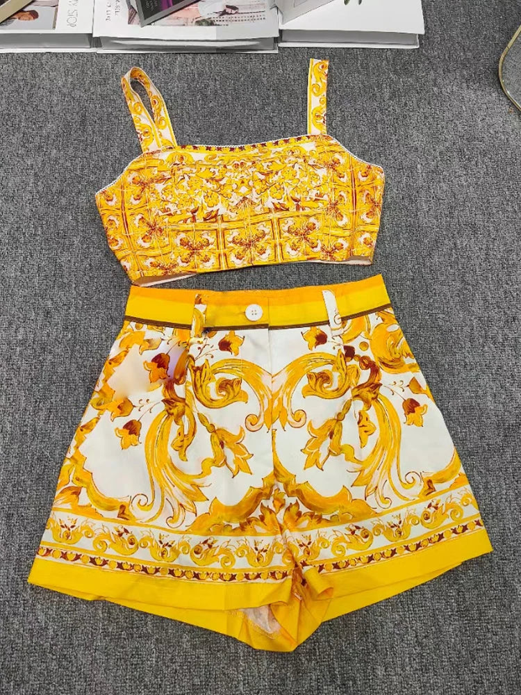 2026 summer women's retro geometric print sexy strapless camisole short top two-piece set+straight tube short fashion set