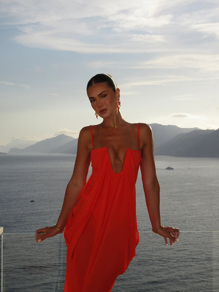 Vibrant Holiday Flowy Maxi Dress Deep U Chic Bohemian Chiffon Loose Fit Women Dresses Beach Vacation Summer Party Outfit