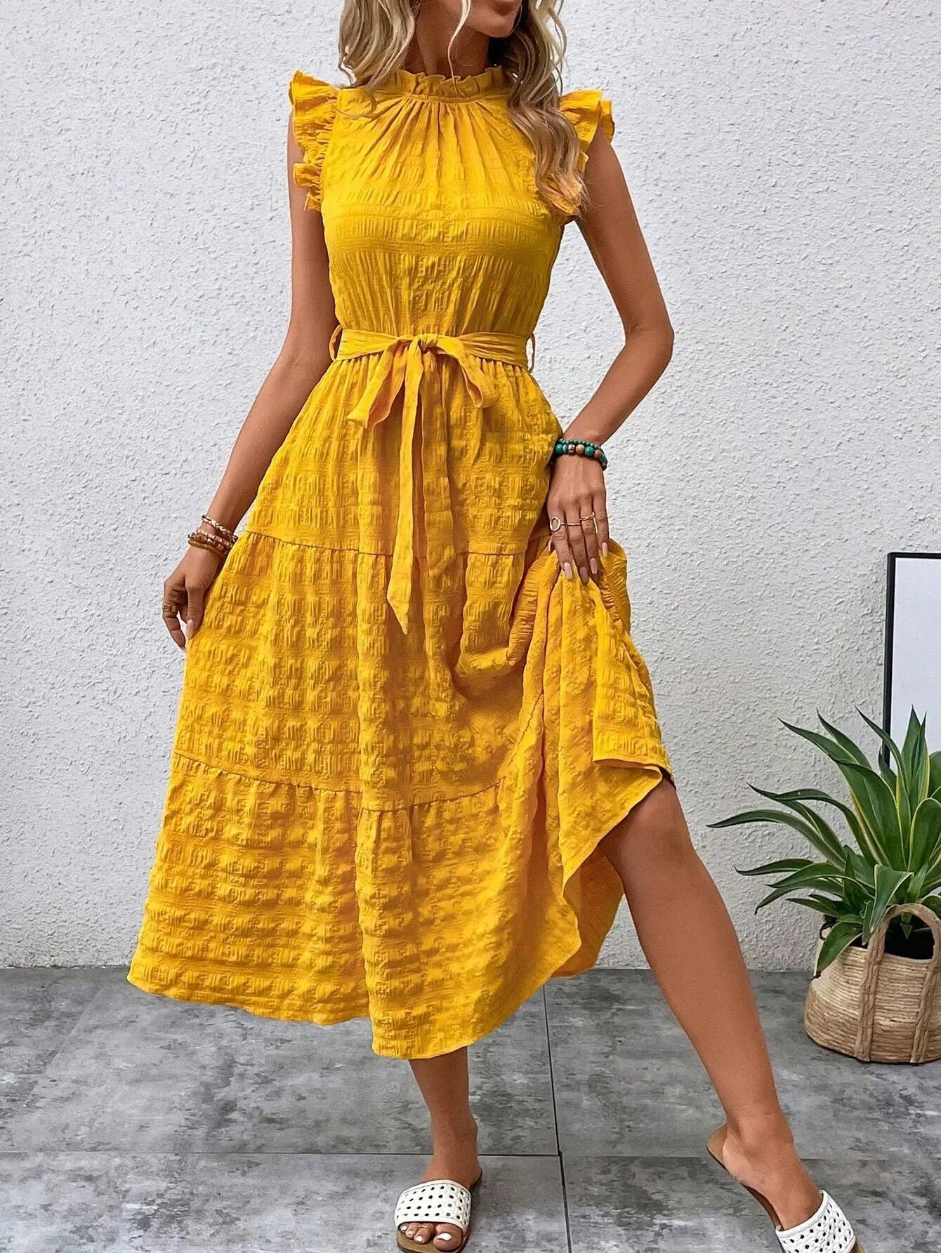 Elegant Women's Summer New Fashion Wooden Ear Edge Flying Sleeve Lace Up Texture Dress Purple  Sleeveless Lace Up Long Dresses
