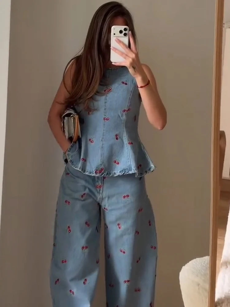 Denim Printed Pants 2 Piece Set Women Elegant Round Neck Sleeveless Vests Slim Long Pant Suits 2026 Lady Daily Street Outfit New