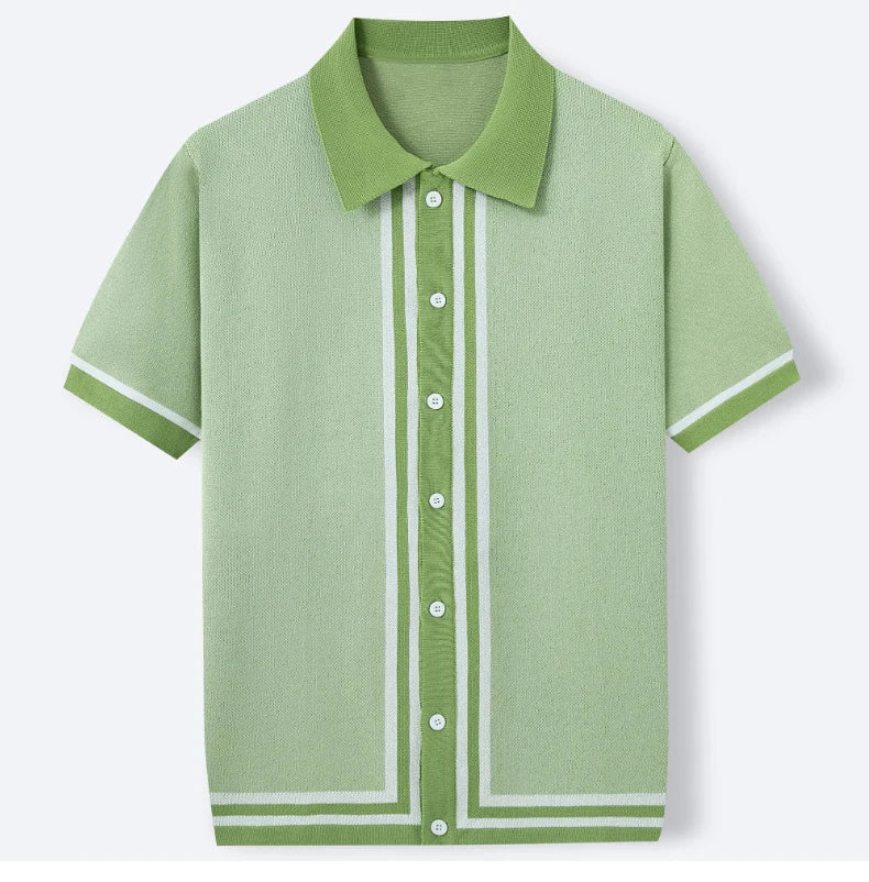 Summer Men Knitted Cardigan Polo Shirts Short Sleeve Striped Jacquarded Business Shirts American Retro Premium Quality Knitwear