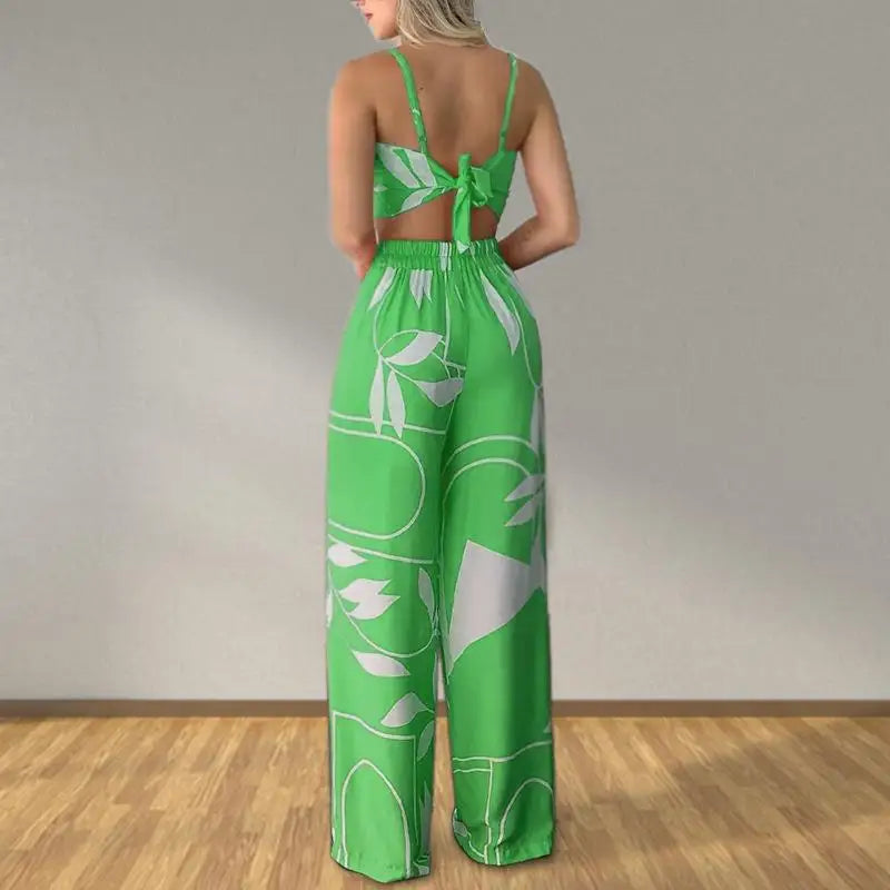 Elegant Two Piece Outfits For Women 2025 Sexy V-Neck Strap Backless Lace-up Slim Crop Top & Wide Leg Pants Sets Summer Lady Suit
