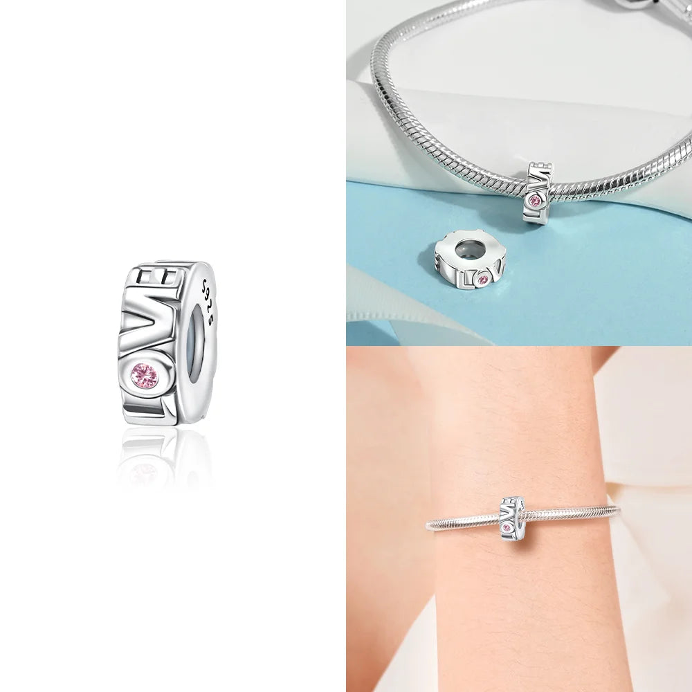 925 Sterling Silver Pink Zircon Love Beads Charms Fit Bracelet Women Jewelry Diy Anniversary Gift Delicate Accessories Bag Charm