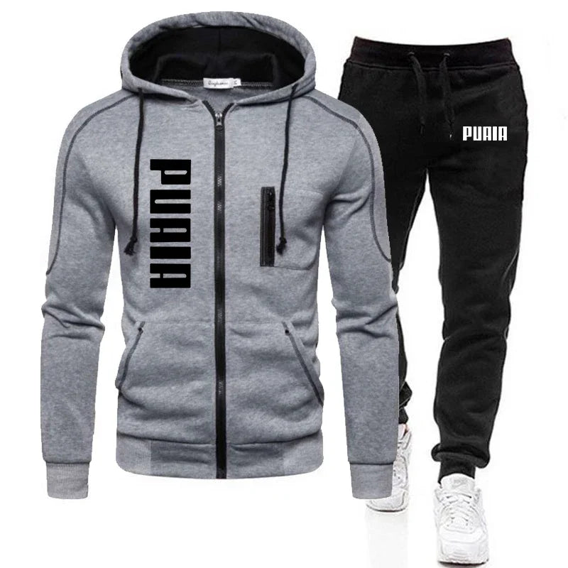 New autumn and winter thickened men's zipper jacket + pants two-piece set, fashionable outdoor jogging men's casual sportswear