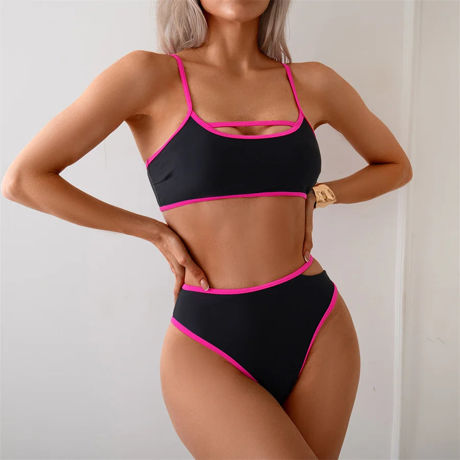Fashion Women Mid Waist Bikini Set Two-Piece Color Block Swimsuit Bra And Shorts Bathing Suit With Chest Pad Surfing Vacation