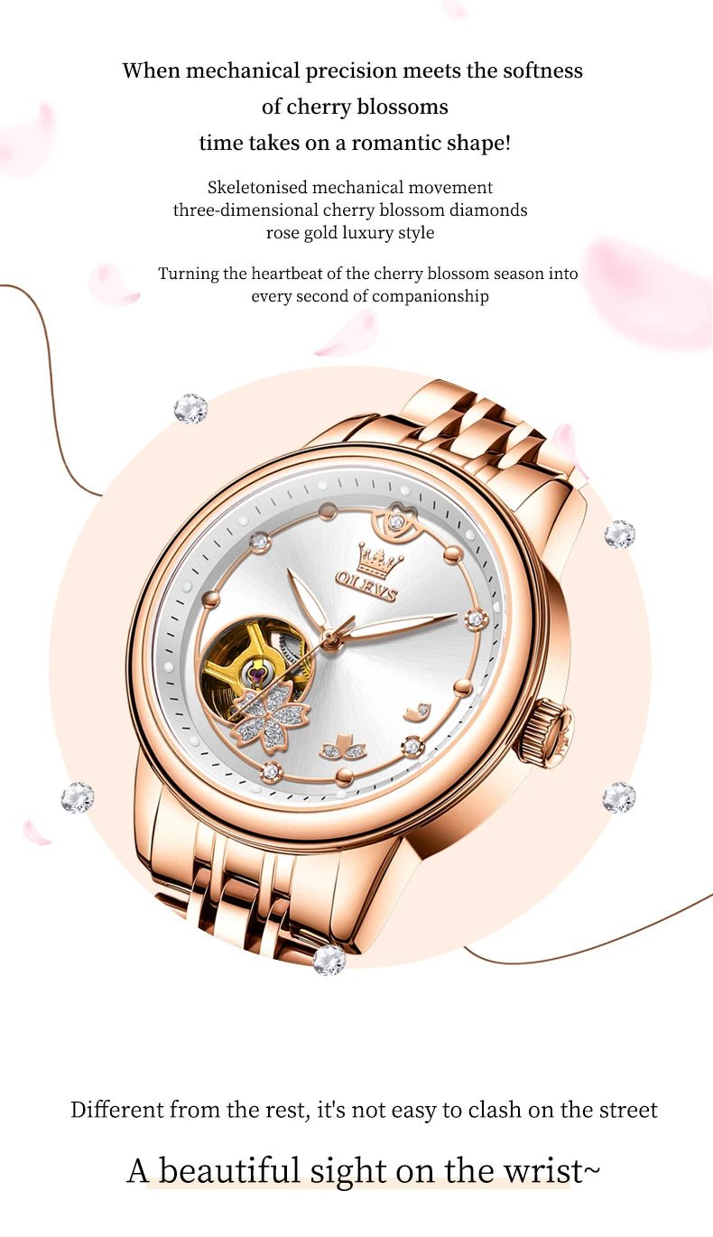 OLEVS 6732 Women's Watches Elegant Rose Gold Stainless Steel Hollowed Diamond Dial Automatic Mechancial Watch Gift Box for Women