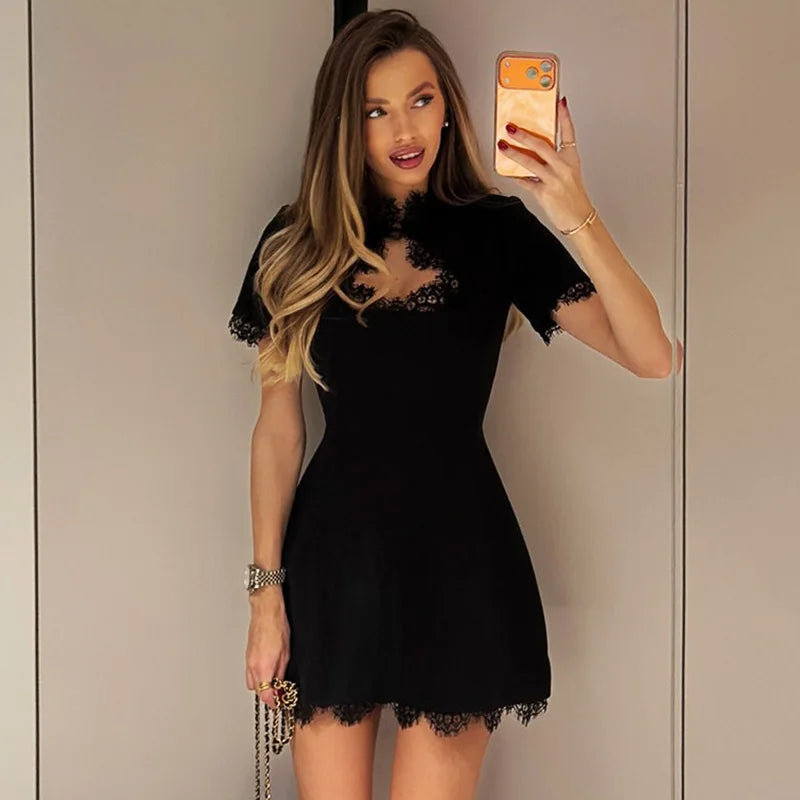 Talenza Luxury Black Evening Dress Fashion Lace Patchwork Slim High-Waisted Hollow Out Dress Elegant Summer Women's Party Dress