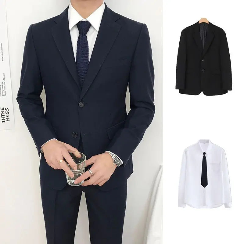 Men Slim Fit Business Casual Suit Set Long Sleeve Blazer Student Youth Formal Two Piece Outfit
