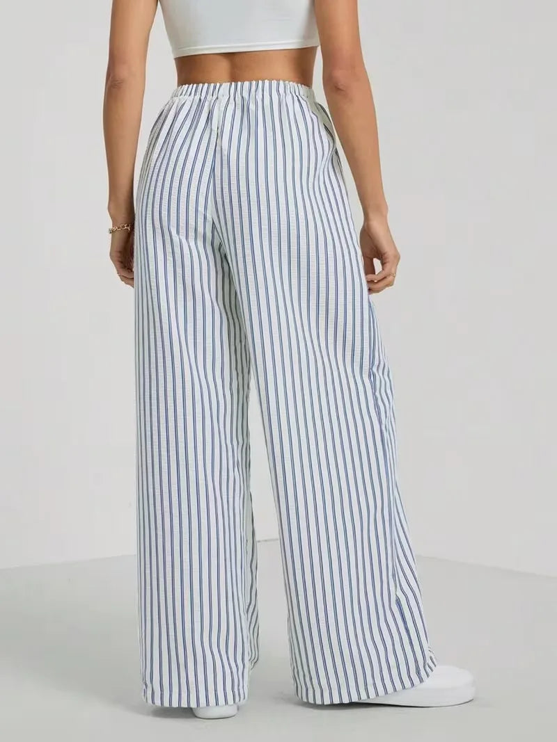 Women's Casual Striped Wide-Leg Pants   Summer Commute Fashion Drawstring Elastic Waist  Versatile Relaxed Straight Leg Trousers