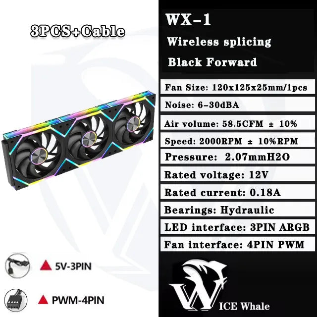 ICE Whale WX-1 Wire-Splicing PC Case Cooling Fan ARGB Mirror Cycle Light Effect 800-2000RPM PWM Water Cooling 360mm Cooler Fan