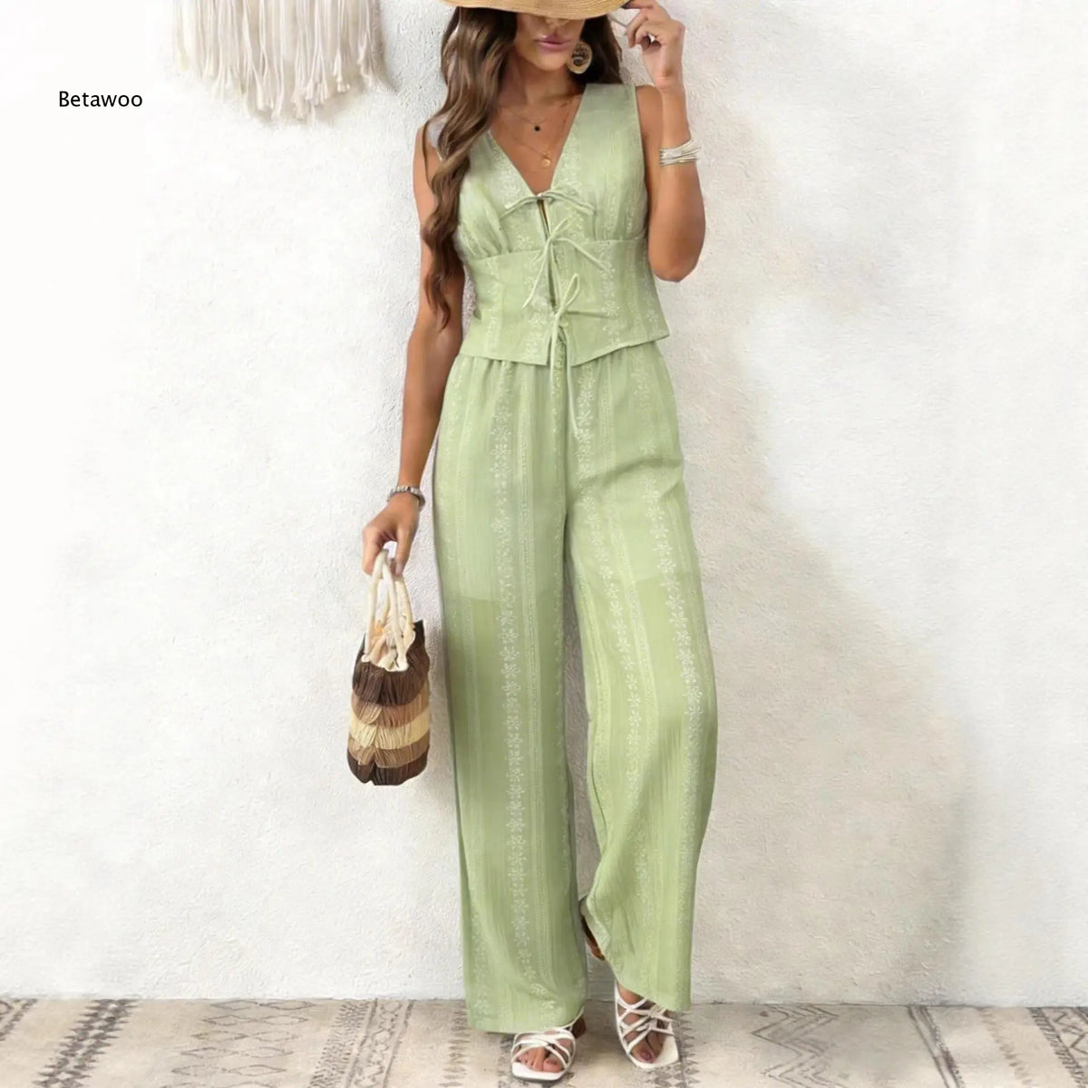 Women Multi Color Eyelet Lace 2 Piece Outfit Sleeveless V Neck Tie Front Crop Top Wide Leg Pants Summer Casual Set