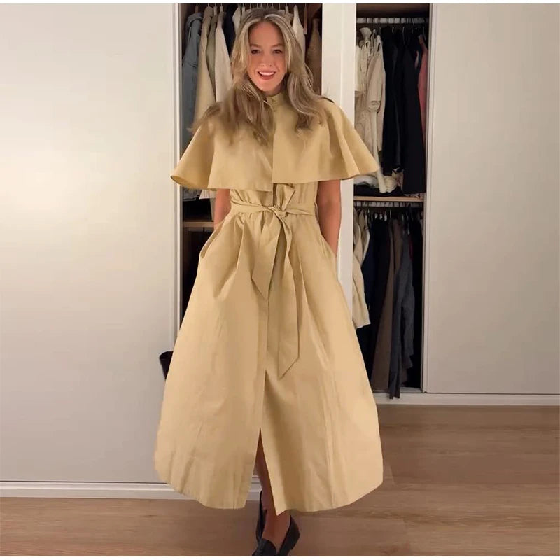 Women's Trench Style Midi Dress Stand Collar Cape Overlay Short Sleeve Belted Waist A‑Line Dresses Autumn Elegant Office Outfits