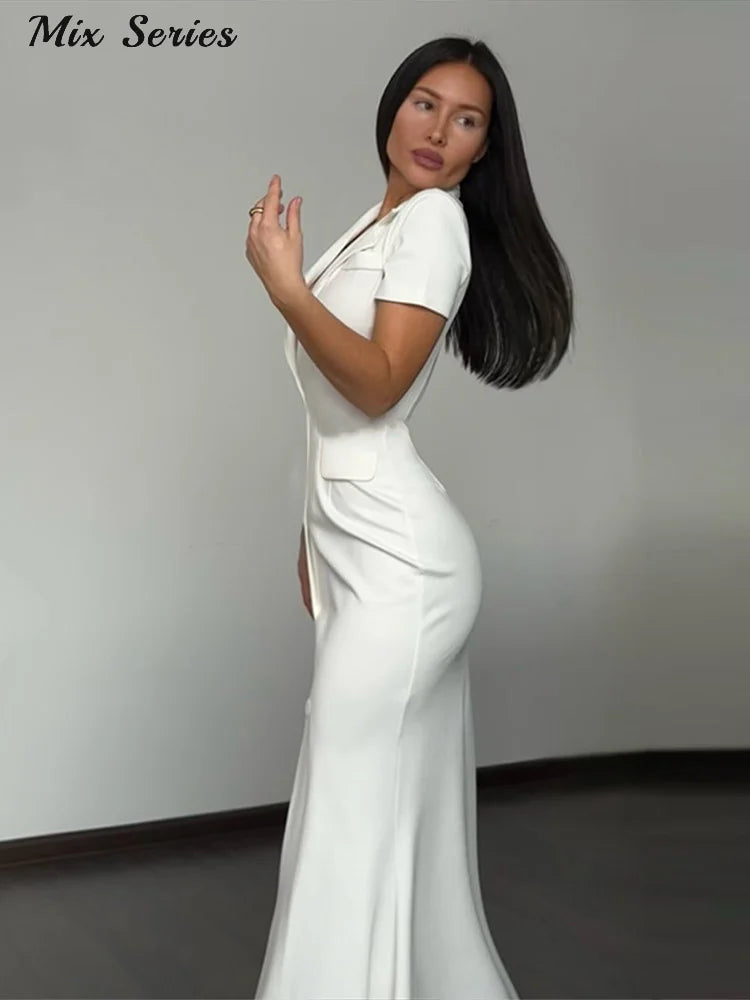 Fashion Lapel Short Sleeve Dress Women's Solid Color Single Breasted Slit Midi Dresses 2026 Summer New Lady Elegant Office Wear