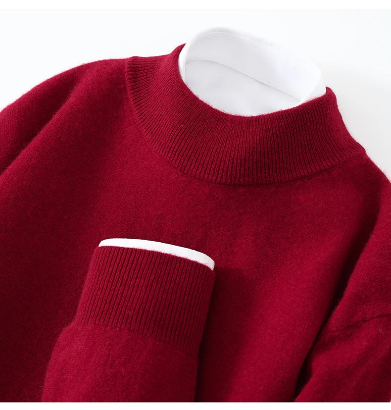 Autumn/Winter Men's 100% Pure Cashmere Pullover Business Casual Solid Knitted Sweater Loose Half High Neck Tops Thick Jumper