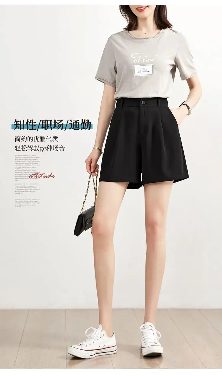 Suit Shorts Women Wear Loose Waist Tight Waist High Thin Loose Straight Leisure A -line Wide -legged Female Three -point Pants