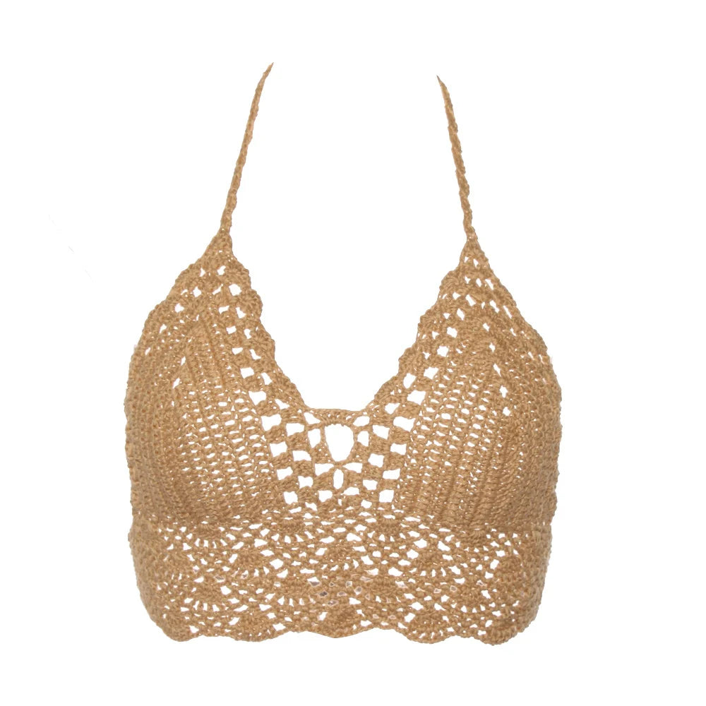 Women Summer Sexy Bikini Crochet Crop Top Boho Beach Camisoles Knit Bralette Bra Halter Neck Vest Holiday Beachwear
