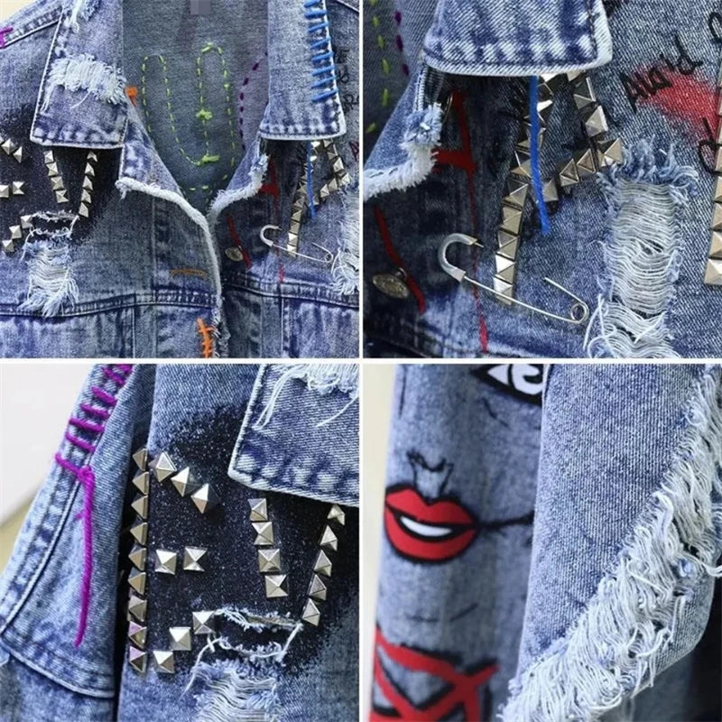 Rivet Beaded Line Tassel Letter Graffiti Print Women Denim Jacket Spring Autumn 2024 Casual Hole Denim Jacket Veste Femme