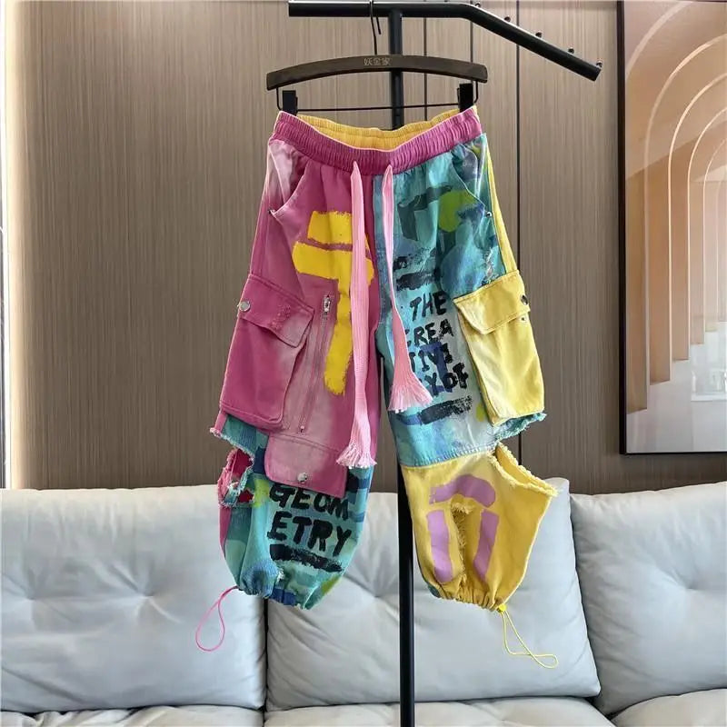 Personality Hip Hop Patchwork Pockets Jeans Women's Spring And Summer New Drawstring Ripped Streetwear Straight Leg Harem Pants