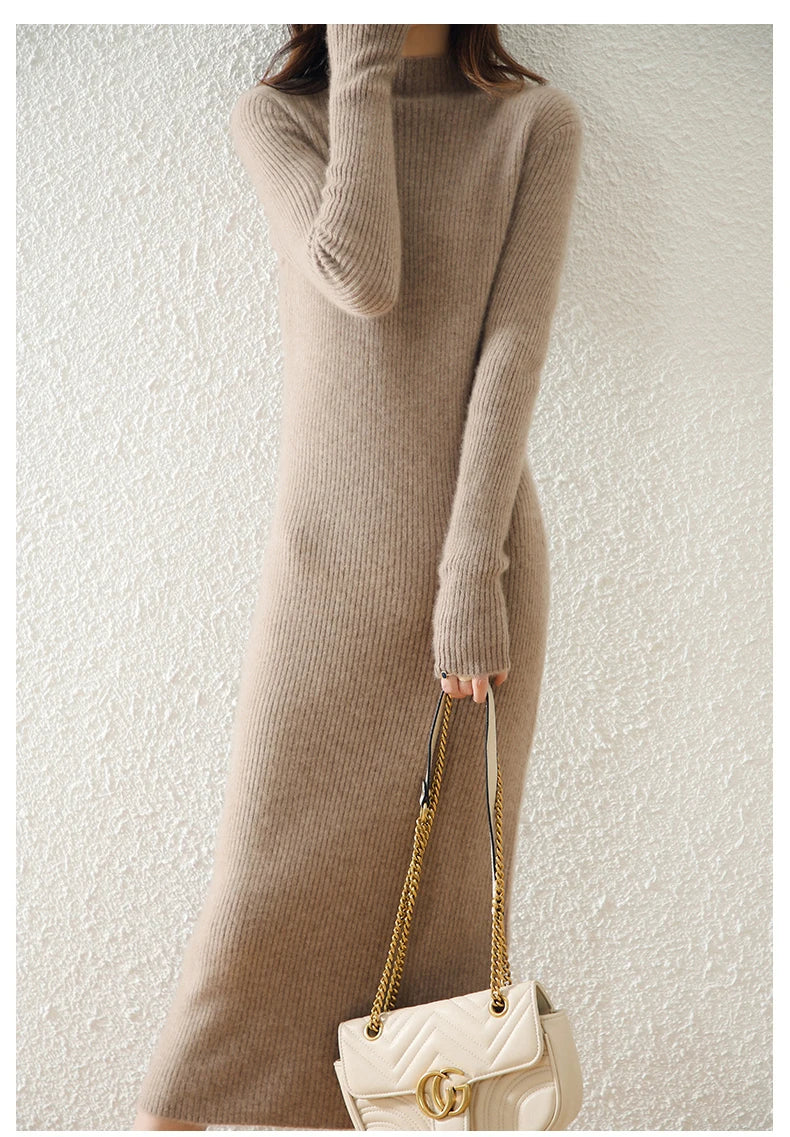 Autumn and winter semi high neck drawstring high elasticity slim fit 100% wool pullover dress, mid length over knee cashmere