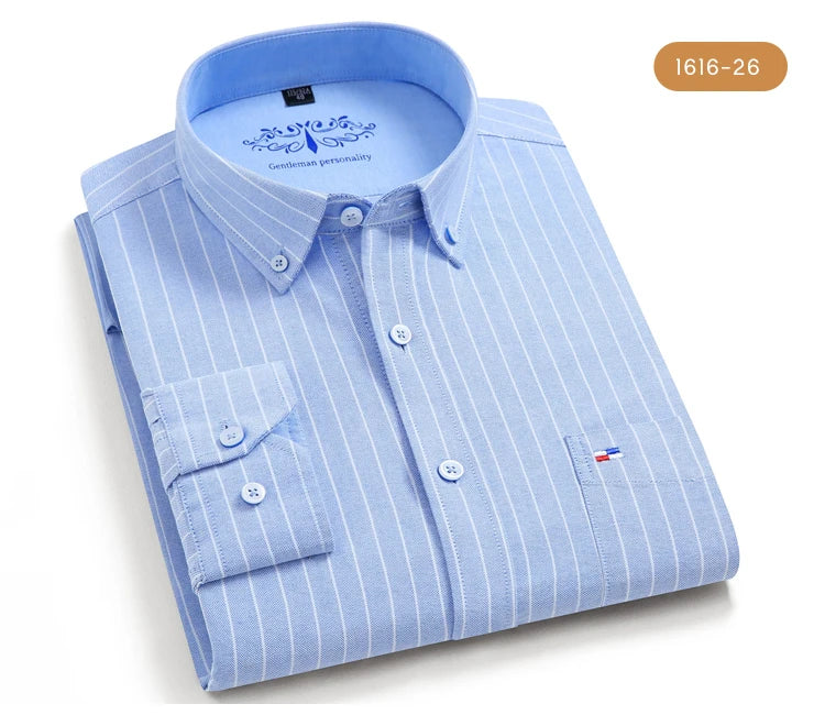 Men's 100% Cotton Breathable Oxford Fabric Dress Shirt, Plaid Striped Casual Long Sleeve, Button-Up with Collar and Chest Pocket