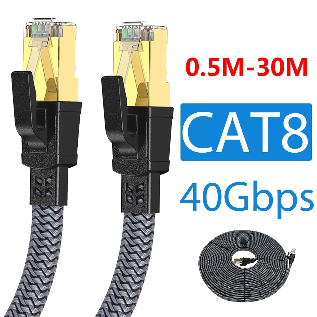 CAT8 Ethernet Cable 40Gbps Flat Nylon Braided Network Cord LAN Wire RJ45 Router Cable For PC Modem Laptop PS5 Cat 8 Cord 5M 10M